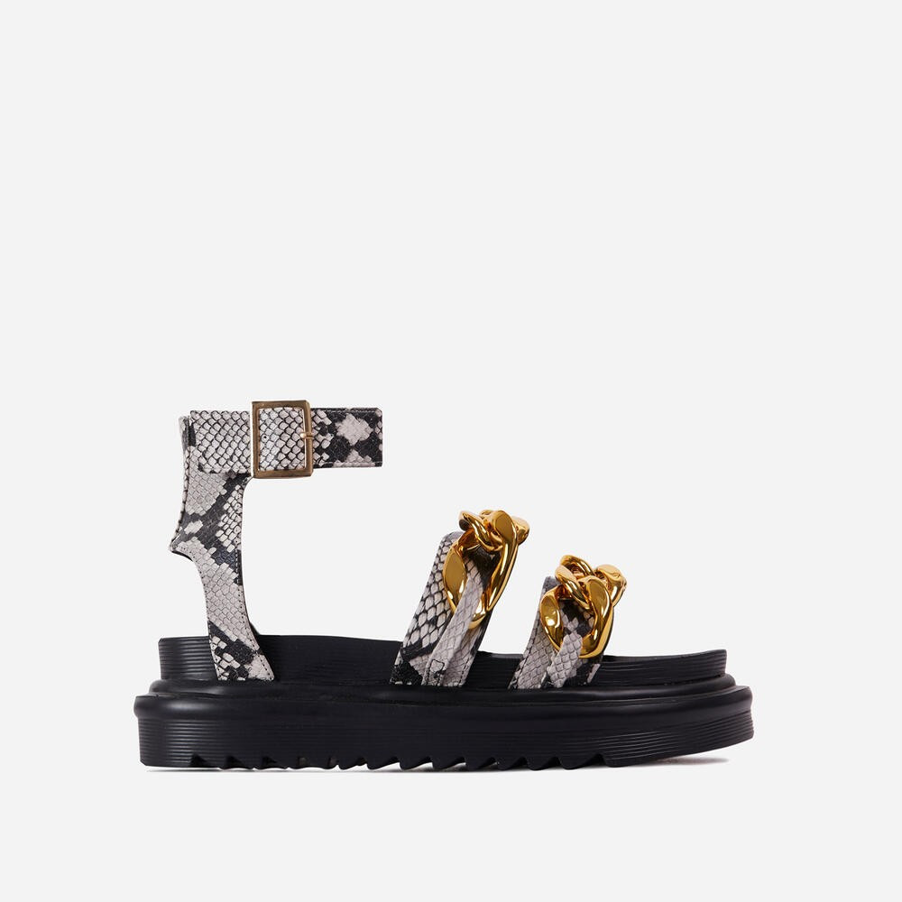 Lottie Chain Detail Chunky Sole Flat Gladiator Sandal In Nude Snake Print Faux Leather | EGO Shoes (US & Canada)