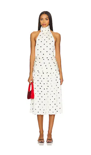x Yhasmina Ferrara Carmina Halter Midi Dress in White & Black Dot | Revolve Clothing (Global)