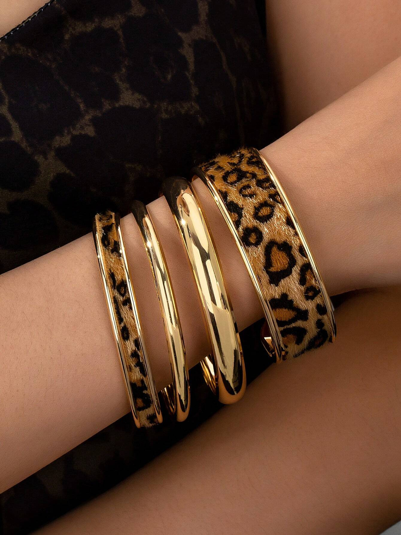 2 Pcs Leopard Print PU Leather Cuff Bangles & 2 Pcs Minimalist Metal Cuff Bracelets , Stacked Ban... | SHEIN