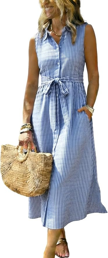 utcoco Womens 2026 Summer Casual Striped Shirt Dress Tie Waist Sleeveless Button Down Dress with ... | Amazon (US)