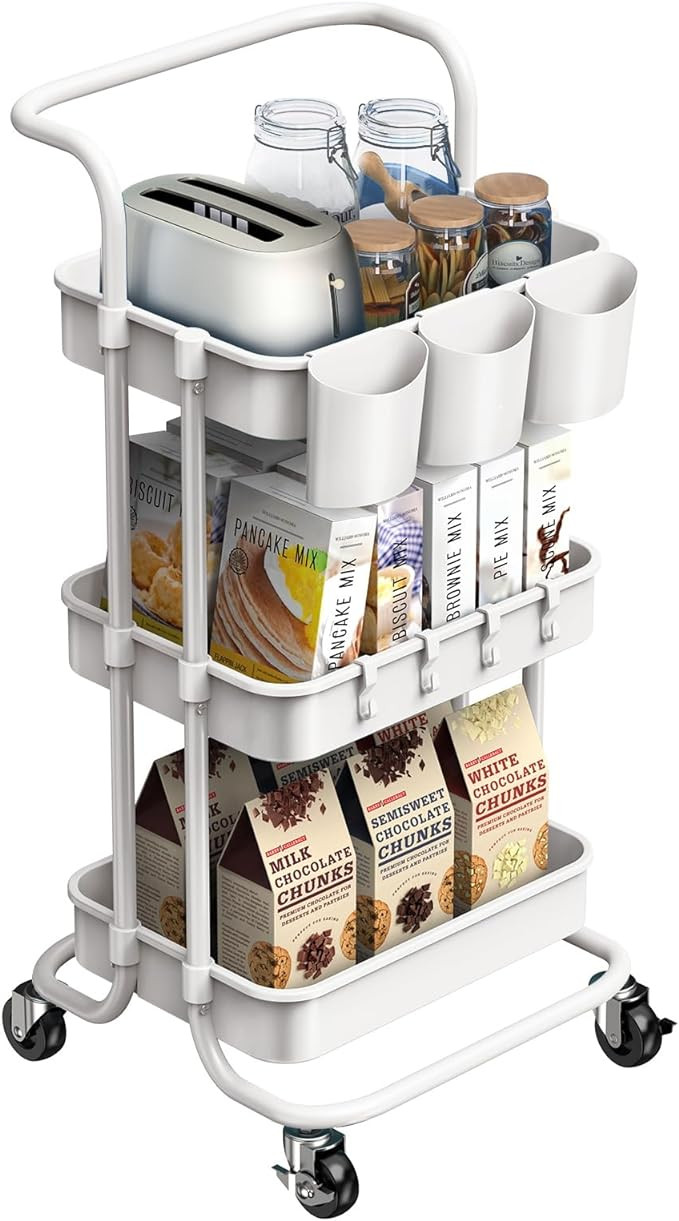 ALVOROG 3-Tier Rolling Utility Cart Storage Shelves Multifunction Storage Trolley Service Cart wi... | Amazon (US)