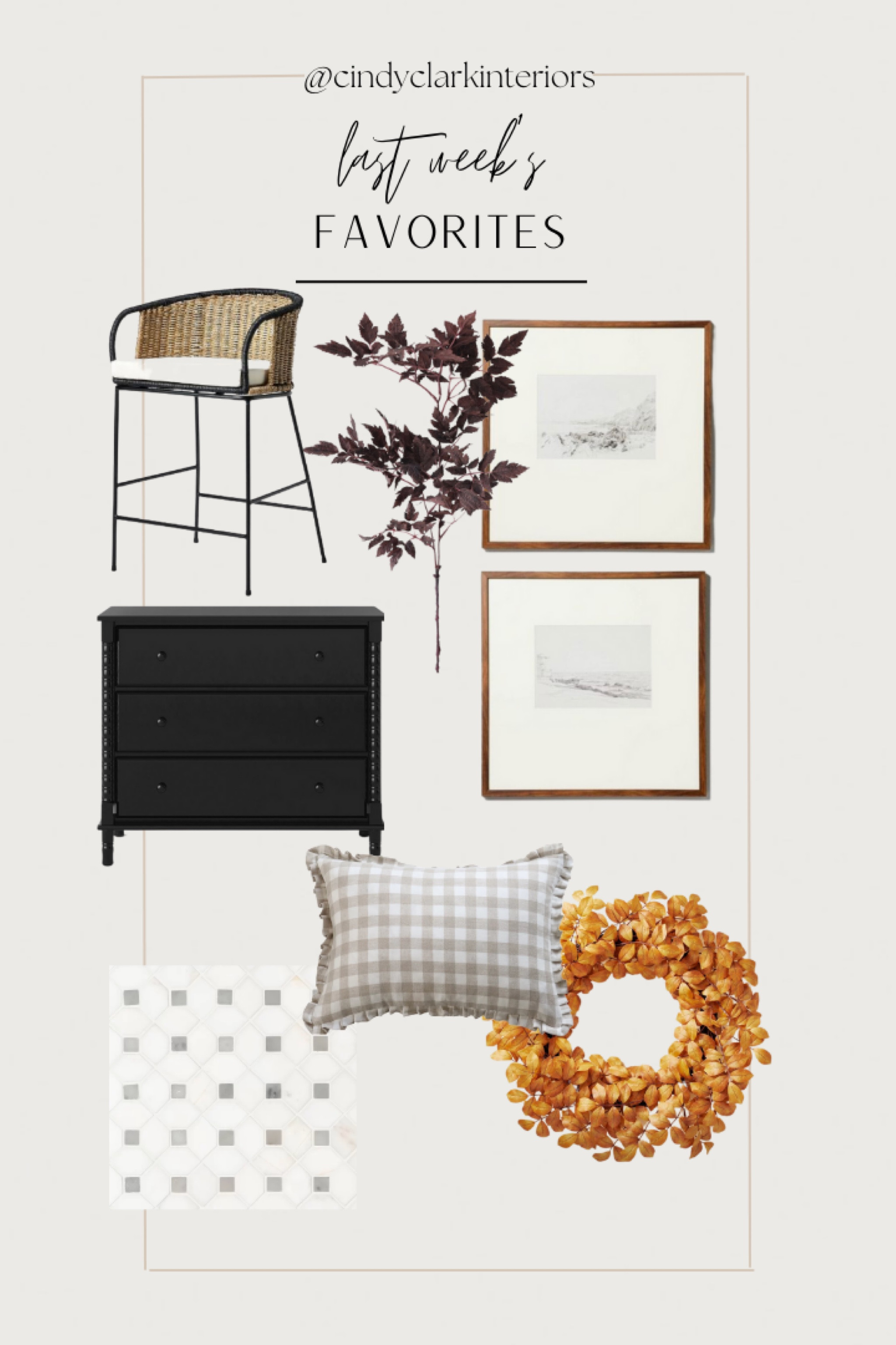 All of last week’s favorites in one place!

Artwork, wreath, fall, faux stems, nightstand, dresser, barstool, tile, bathroom, pillows, gingham