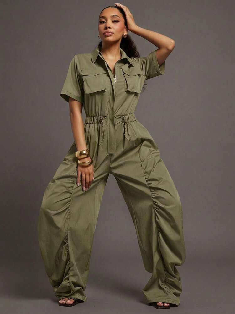 Vixey Ruched Wide Leg Drawcord Waist Woven Utility Jumpsuit | SHEIN