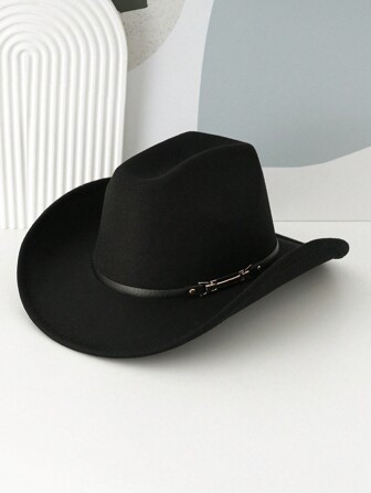 1pc Unisex Plain Color Cowboy/Cowgirl Hat, Unique Characteristic Leather Belt Decorative Headband, Suitable For Western Themed Events, Parties, Engagements, Role Play, Graduations, Masquerades, Festivals, Birthdays, Music Festivals, Street Wear, Made Of Polyester Fiber | SHEIN