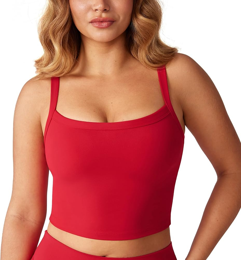 Hugcurve Adjustable Longline Sports Bra Square Neck Workout Tank Crop Tops for Women with Built i... | Amazon (US)