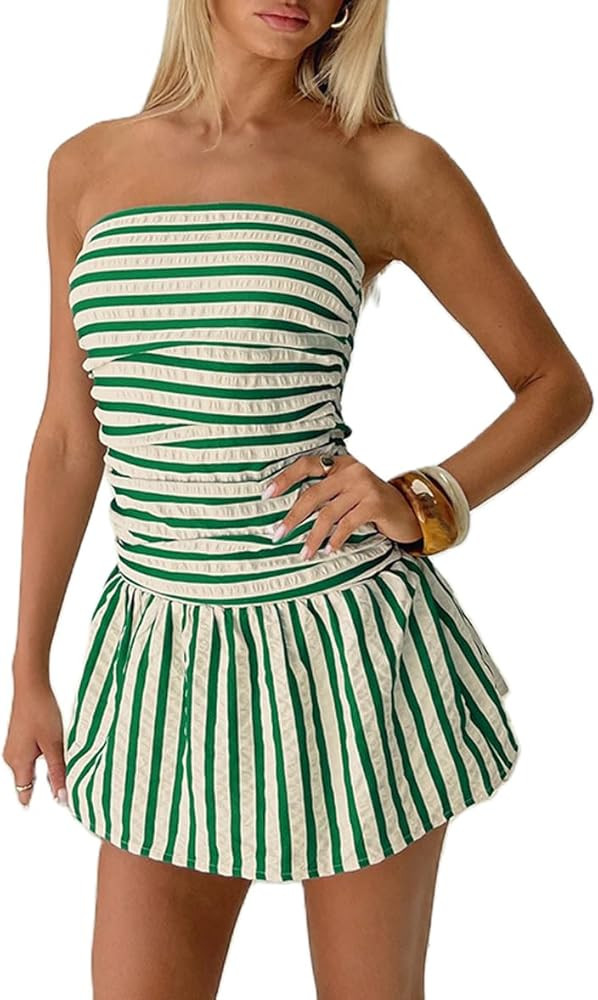 Women Strapless Mini Dress Tube Top Bubble Skirt Off Shoulder Corset Top Balloon Short Dress Club... | Amazon (US)