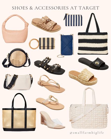 Women’s shoes and accessories at Target. Handbags. Purses. Sandals. Cream soft fabric weekender bag. Woven slouchy shoulder bag. Black and white stripe crochet tote handbag. Crochet two strap sandals. Round straw canteen crossbody bag. Canvas soft crossbody bag.  Black striped straw bracelet pouch. Wristlet. Denim cell phone crossbody bag. Caning natural tote handbag. Clear wedge heel sandals. Black slide sandals. Flat form natural slide sandals. Black with gold studs slide sandals. Nude thong sandals. Cream with gold detail thong sandals. Flip flops. Navy and white stripe small card case pouch bag  

#LTKItBag #LTKOver40 #LTKFindsUnder50