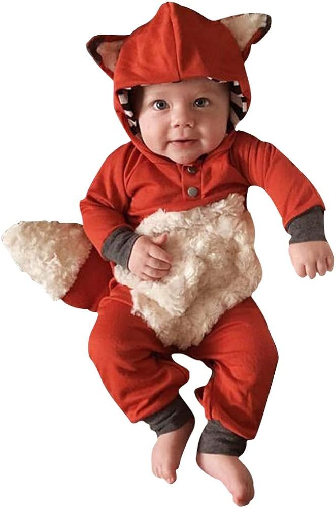 Newborn Baby Girl Boy Halloween Cosplay Cartoon Clothes Fox Coat Fur Bodysuit Jumpsuit Hooded Playsu | Amazon (US)