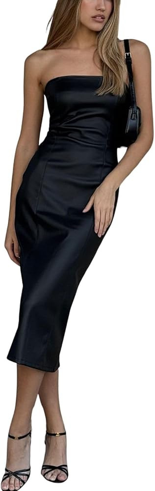 utcoco Women's Sexy Strapless Party Dress Off Shoulder Sleeveless Faux Leather Midi Dress | Amazon (US)