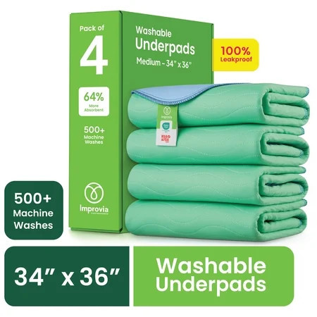 Improvia Washable Bed Pads for Incontinence, Waterproof Reusable, 34 x 36 in, 4-Pack (Green & Blue) | Walmart (US)