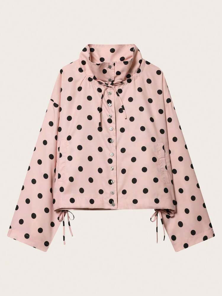 Lightweight Oversized Polka Dot Print Drawstring Jacket, Casual Style For Spring & Autumn Pink | SHEIN