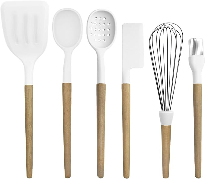 Country Kitchen Non Stick Silicone Utensil Set with Rounded Wood Handles for Cooking and Baking, ... | Amazon (US)
