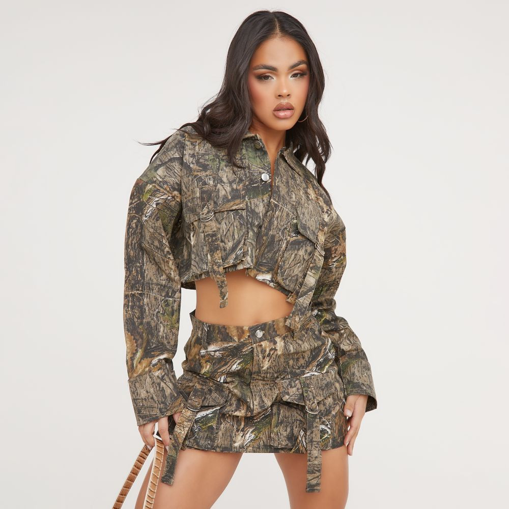 Oversized Belt Detail Cargo Style Cropped Jacket In Green Camo | EGO Shoes (US & Canada)