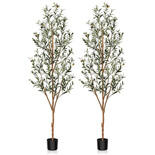 Kazeila Artificial Olive Tree 6FT Tall Faux Silk Plant for Home Office Decor Indoor Fake Potted Tree with Natural Wood Trunk and Lifelike Fruits, 2 Pack | Amazon (US)