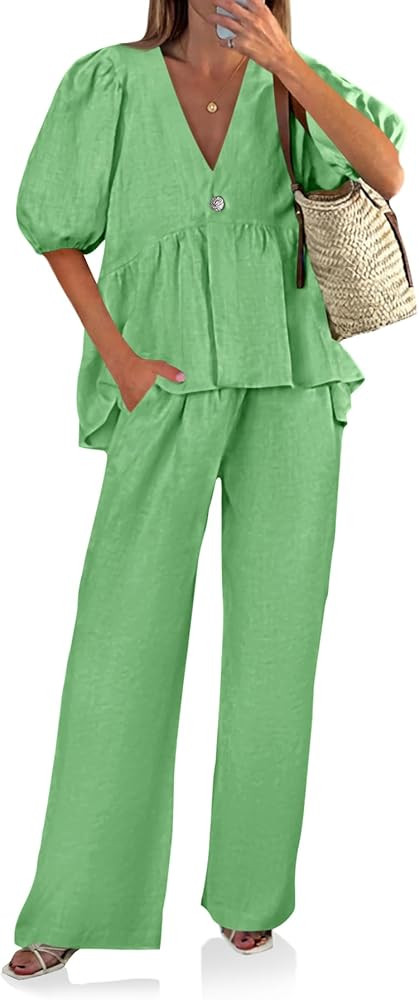 Tankaneo Womens 2 Piece Linen Sets Summer Vacation Outfits V Neck Puff Sleeve Babydoll Tops Wide ... | Amazon (US)