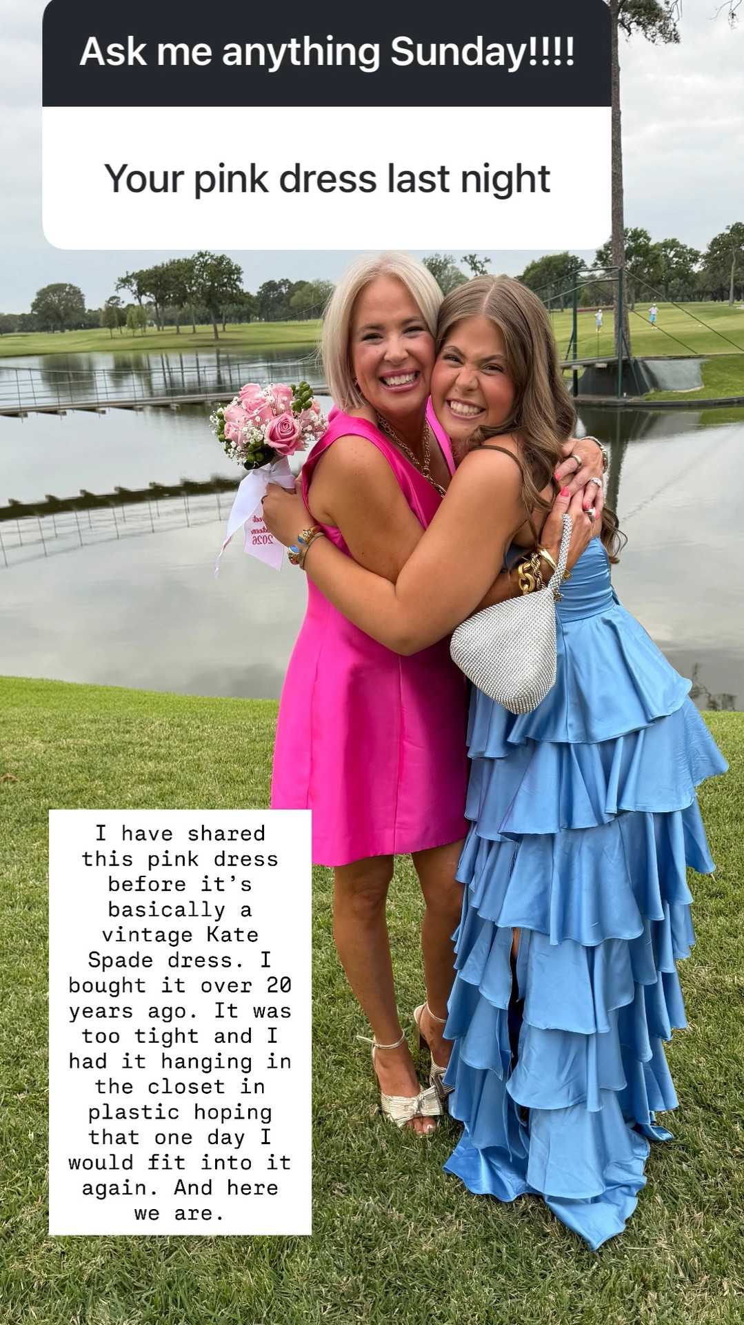 I have shared this pink dress before it’s basically a vintage Kate Spade dress. I bought it over 20 years ago. It was too tight and I had it hanging in the closet in plastic hoping that one day I would fit into it again. And here we are.