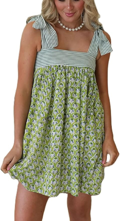 Women Floral Tie Shoulder Mini Dress Cute Square Neck Loose Fit Beach Short Dress Backless Boho V... | Amazon (US)