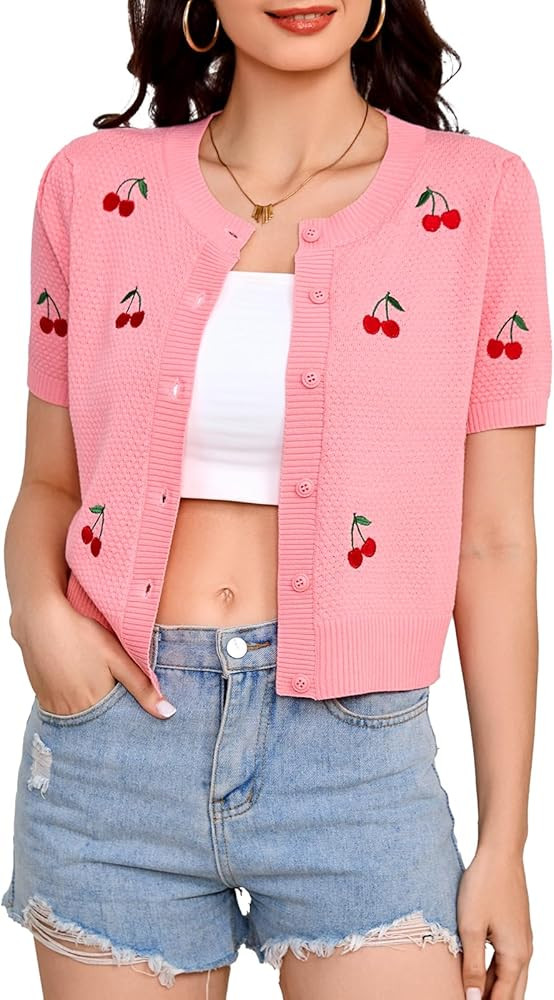 Bbonlinedress Women's Summer Cardigan Sweater Cherry Tops Lightweight Cropped Short Sleeve Button... | Amazon (US)