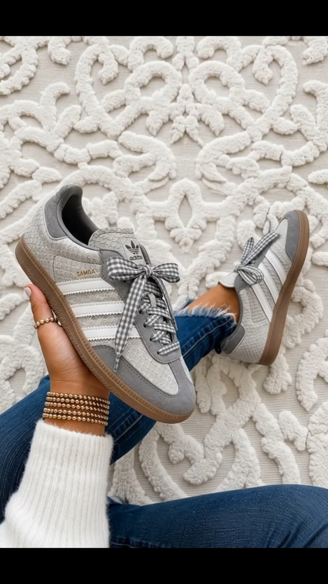 The Adidas Samba OG Shoes are the perfect elevated everyday sneaker with a true to size fit, featuring a timeless silhouette and the prettiest neutral snakeskin texture for an effortlessly chic, girly look.