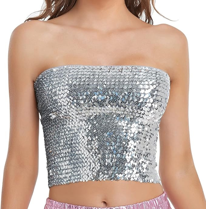 Womens Sparkly Sequin Mermaid Crop Tops, Strapless Metallic Tube Tops for Party Clubwear | Amazon (US)