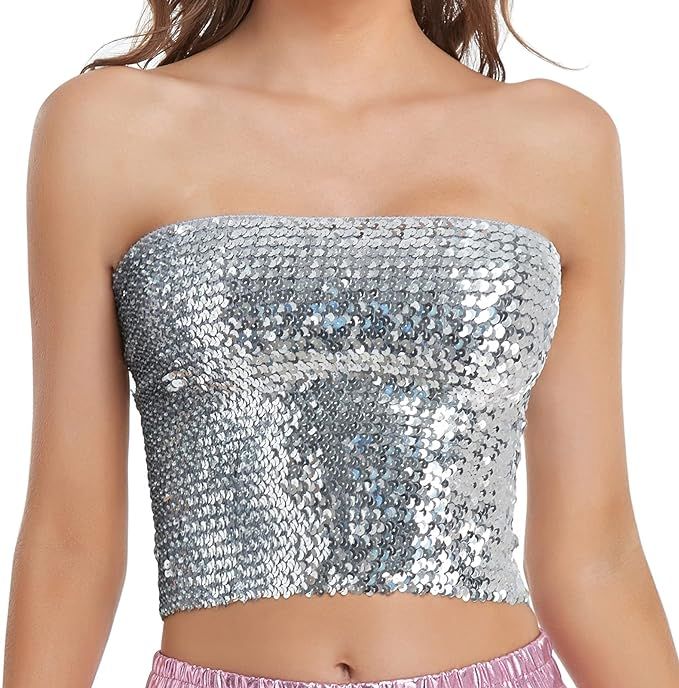 Womens Sparkly Sequin Mermaid Crop Tops, Strapless Metallic Tube Tops for Party Clubwear | Amazon (US)