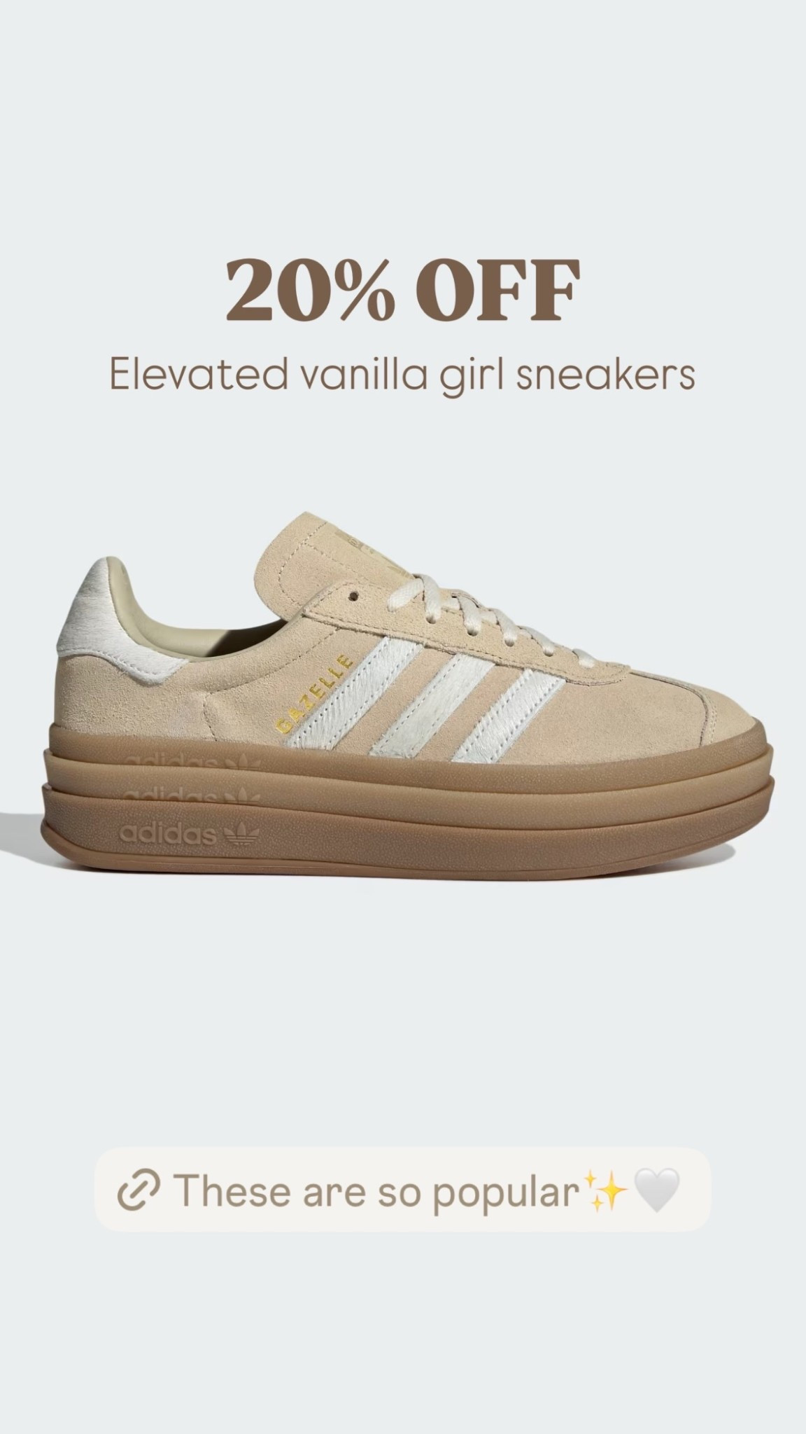 Elevated vanilla girl sneakers at Adidas are 20% OFF. One of my most favorite styles of sneaker ✨👀

#LTKSaleAlert #LTKootd #LTKgrwm