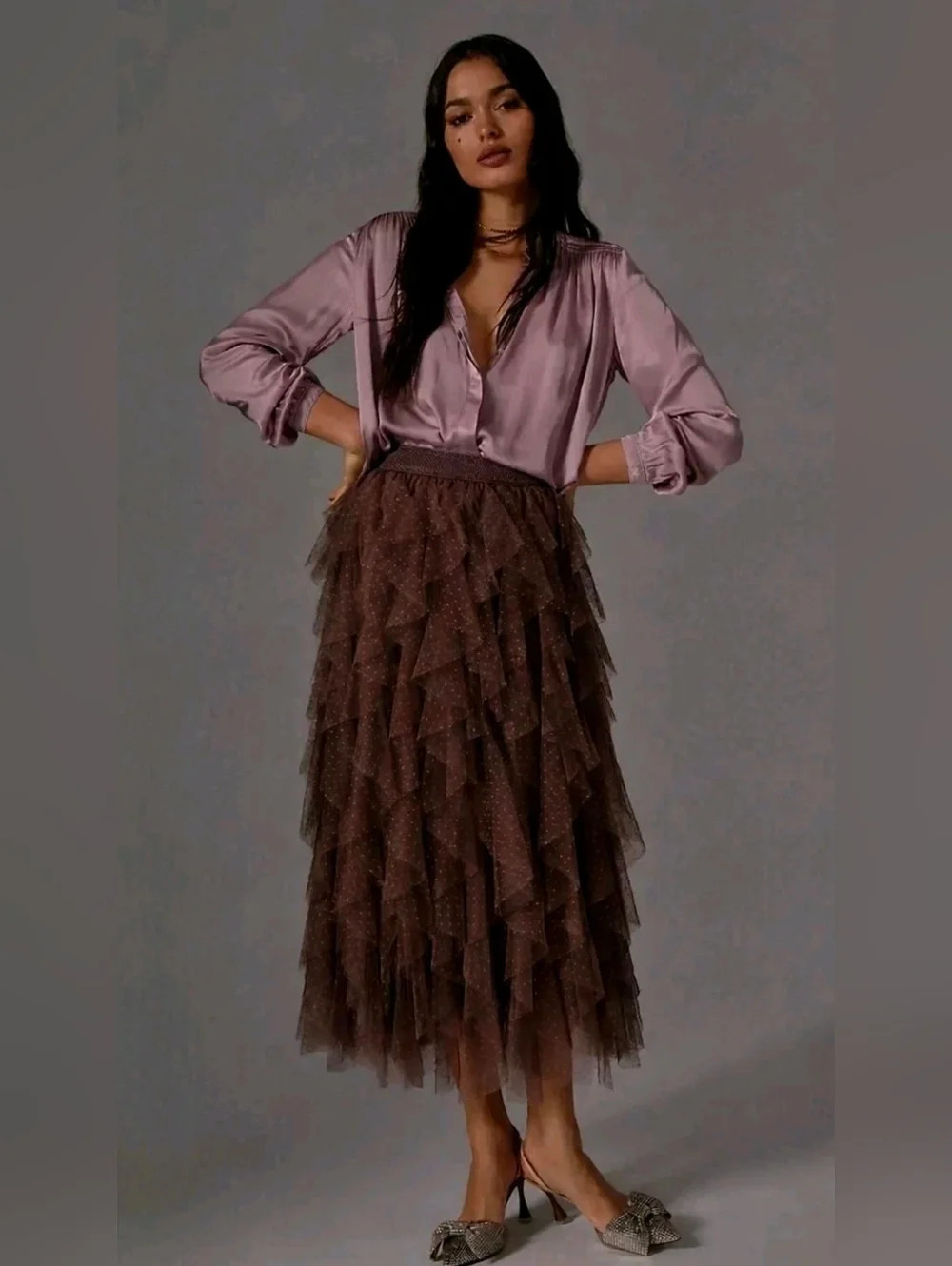 NWT by Anthropologie Evelyn Cheri in Chocolate Brown Ruffled Tulle Midi Skirt S | Poshmark