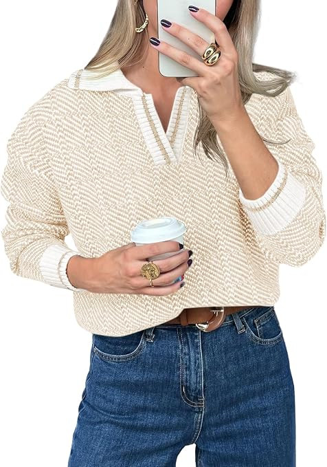 Saodimallsu Womens Fall Sweaters Tops Lapel V Neck Knit Sweater Color Block Long Sleeve Casual So... | Amazon (US)
