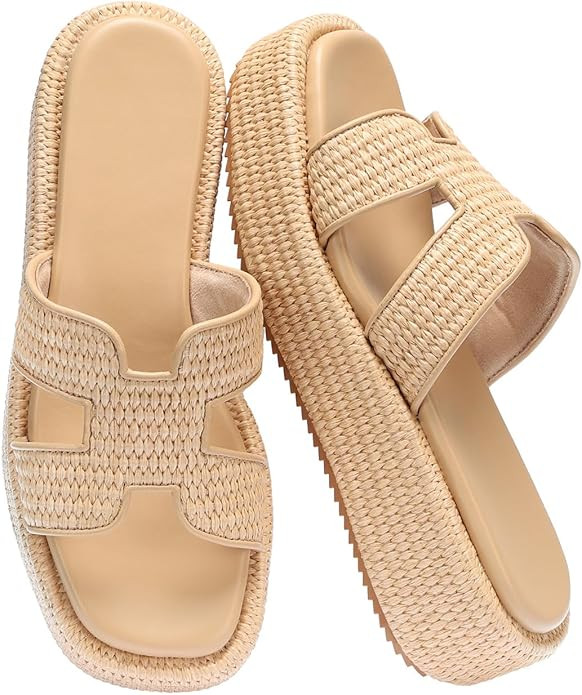 Monrovia Raffia Platform Sandals for Women Slip-On Espadrille Wedges Slides, Flatform Woven Straw... | Amazon (US)