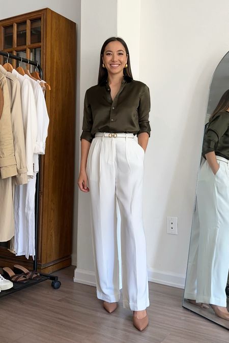 Classic workwear outfit / dinner outfit / LilySilk / olive green / silk shirt 

• naturalizer heels - tts 
• linked to similar trousers 

#LTKstyletip #LTKworkwear