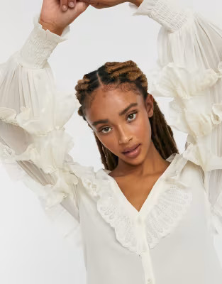 ASOS DESIGN ruffle lace blouse in cream | ASOS (Global)