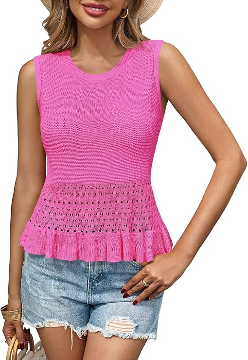 Saodimallsu Womens Crochet Crop Tank Tops Sleeveless Crew Neck Ruffle Summer Boho Knit Sweater Ve... | Amazon (US)