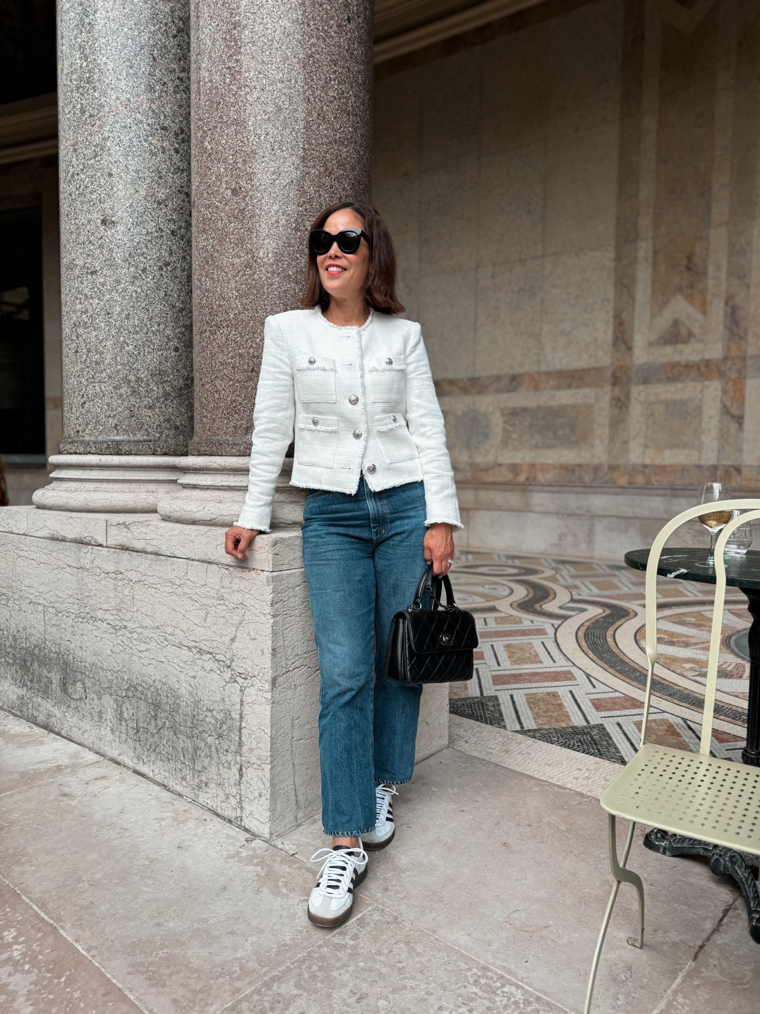 Paris Outfit 
Capsule Wardrobe 
Veronica Beard Tweed Jacket/wearing size 6
Agolde Pinch Waist Denim/TTS
Adidas Spezial Sneaker/wearing size 5/check sizing guide as they are unisex and European sizing. I normally wear European size 27. 
Celine Sunglasses 
Linking similar bag 

#LTKStyleTip #LTKTravel #LTKOver40