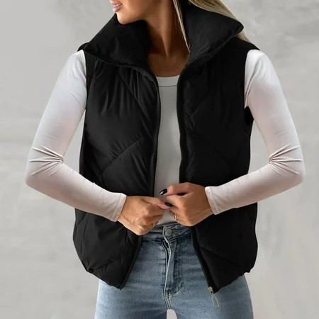 Black Vest Women Puffer Quilted Puffer Vest Zip Up Sleeveless Outerwear Jacket Black L Women S Clearance | Walmart (US)