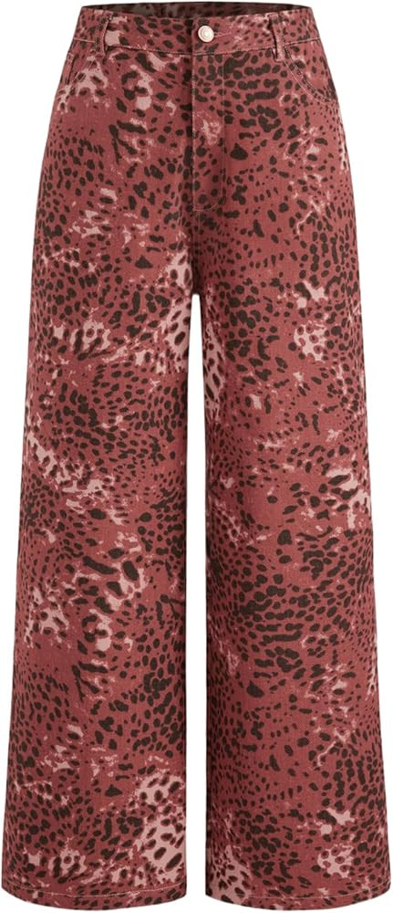 CIDER Denim Mid Waist Leopard Wide Leg Pants | Amazon (US)