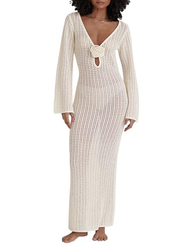 Leoparts Women's Knitted Swimsuit Cover Up 3D Floral Hollow Out Open Back Tie-Up Maxi Dress Beachwear Coverup Dresses | Amazon (US)