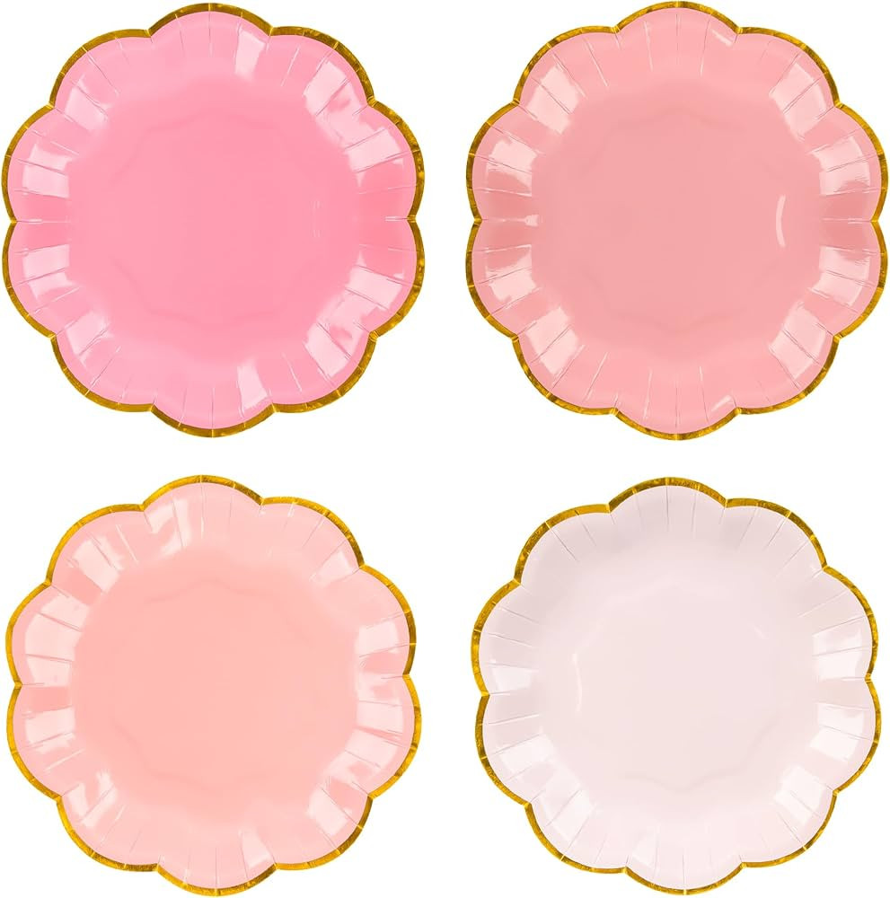 Pink Party Plates Gradient Pink Dessert Paper Plates 7inch Gold Foil Scalloped Edge Disposable Ca... | Amazon (US)
