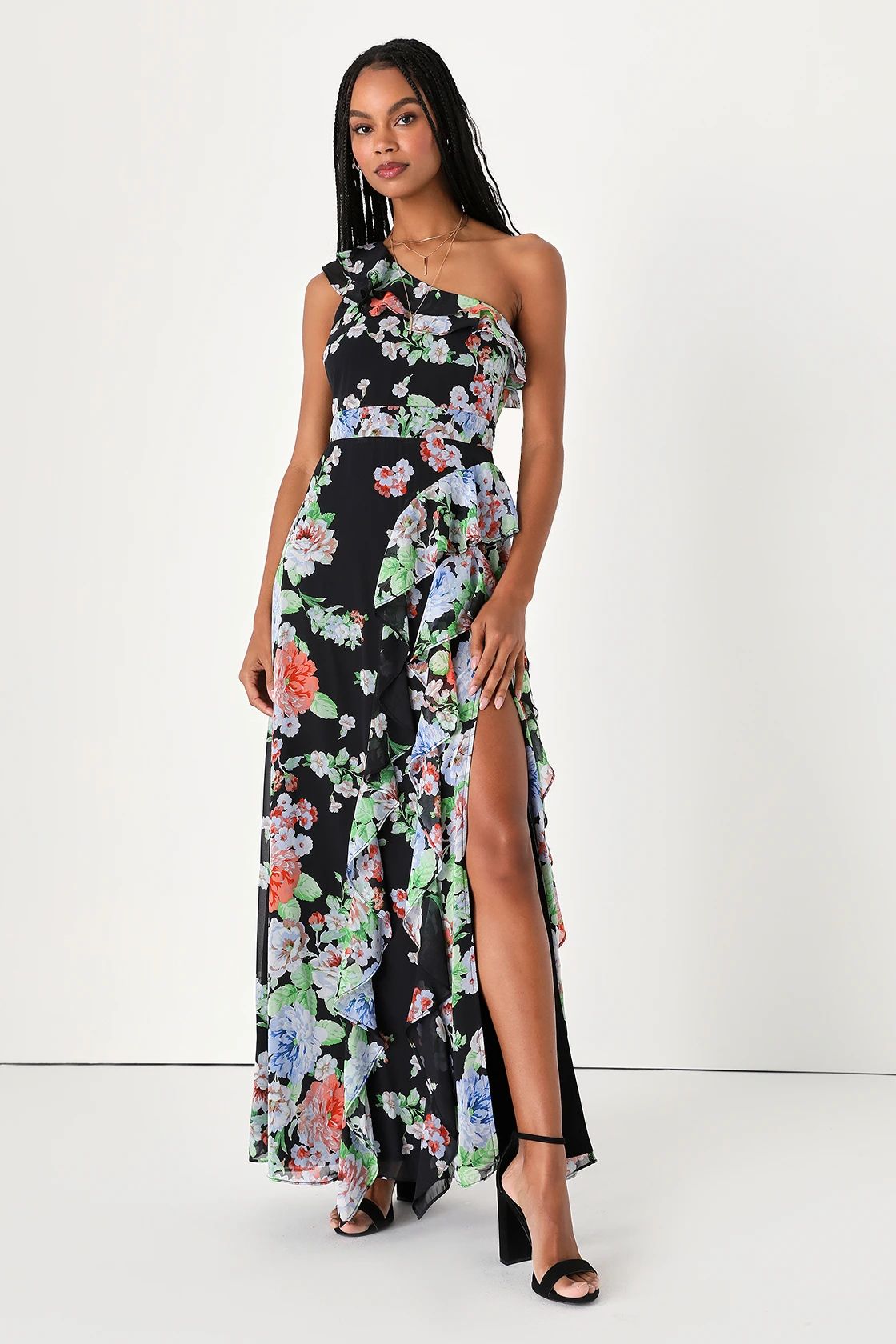 Flower for You Black Floral Ruffled One-Shoulder Maxi Dress | Lulus (US)