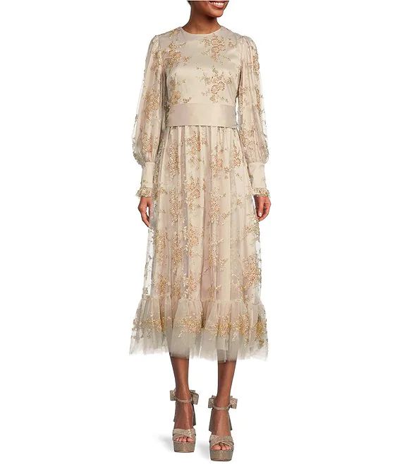 x Nicola Bathie Honor Grace Sequined Beaded Embroidered Long Sleeve Lace Cuff Belted Dress | Dillard's