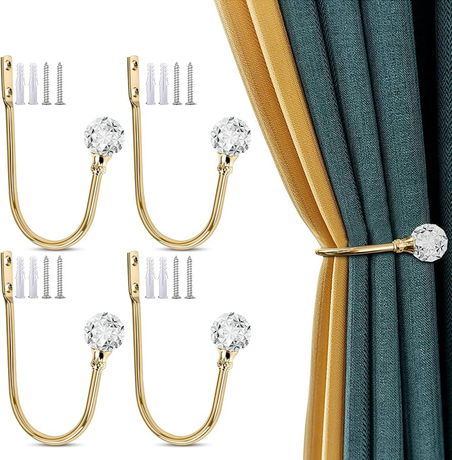 Curtain Holdbacks, Crystal Curtain Tieback Hooks Wall Mounted Drapery Decorative Holdback Gold Cu... | Amazon (US)