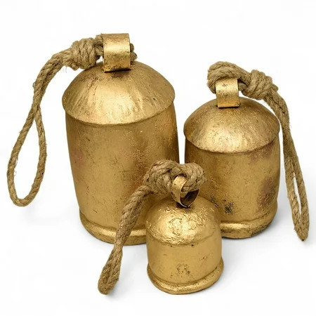 Rustic Farmhouse Christmas Bells Set of 3 – Vintage Gold Metal Hanging Bells with Jute Rope, Shabby Chic Holiday Wall Décor for Mantel, Door, or Porch (8", 6", 4") | Walmart (US)