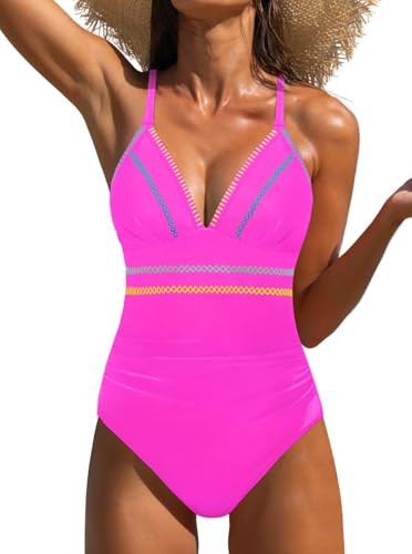 popvil Sexy Tummy Control One Piece Swimsuit for Women Black Bathing Suit Neon Swimwear Crisscross Back 2026, Pink, Medium | Amazon (US)