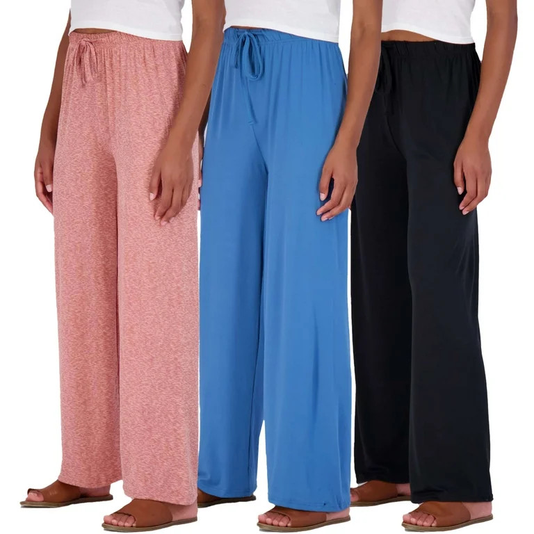 Real Essentials 3 Pack Soft Palazzo Pajama Pants for Women, Wide Leg Comfortable Casual Lounge Yo... | Walmart (US)