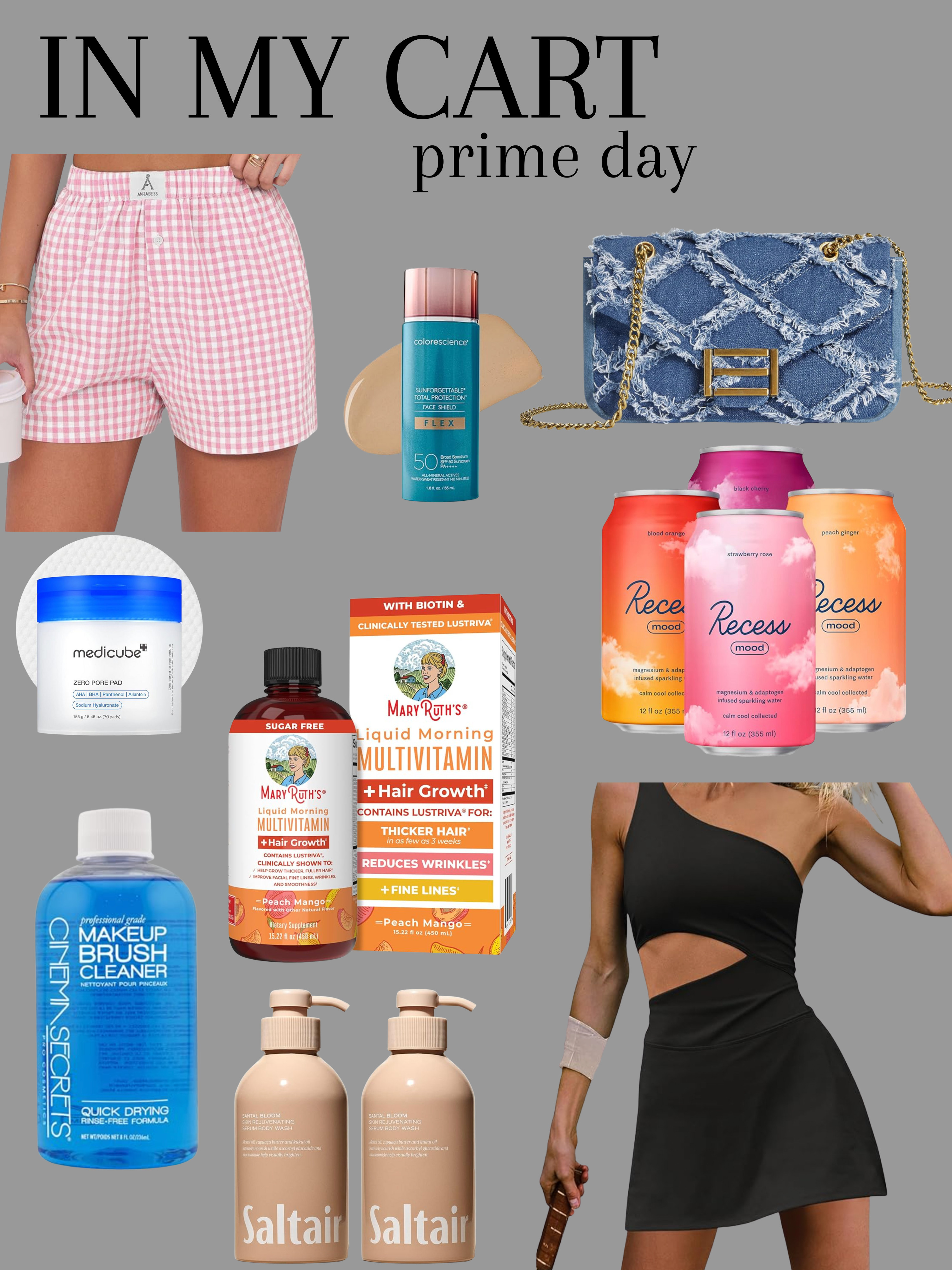 pink gingham shorts, Saltair body wash, one shoulder dress, tennis dress aesthetic, Recess mood drink, Mary Ruth’s multivitamin, hair growth supplement, Colorescience sunscreen, flex SPF, denim crossbody bag, summer fashion finds, Medicube pore pad, Korean skincare, makeup brush cleaner, Cinema Secrets, Amazon beauty haul, everyday essentials, cute activewear, girly finds, viral Amazon products, wellness routine, TikTok favorites, Amazon lifestyle products, morning routine essentials 

 