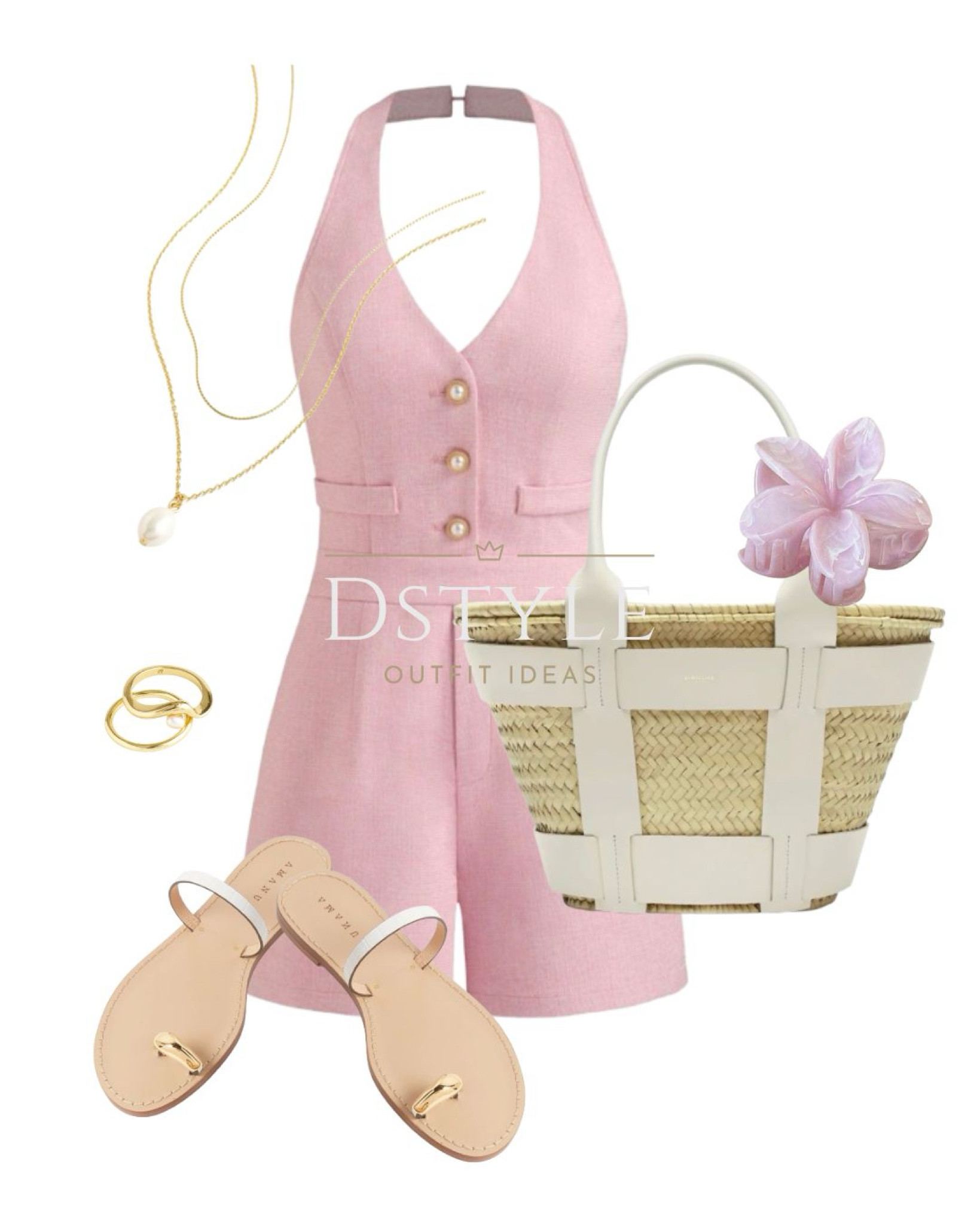 Light pink tweed v-neck romper with pearl buttons, Demellier The Santorini natural basket bag (off-white smooth), cream embellished croc-effect leather sandals
resort wear, vacay look, summer style, summer outfit 

 

#LTKFindsUnder50 #LTKStyleTip #LTKItBag