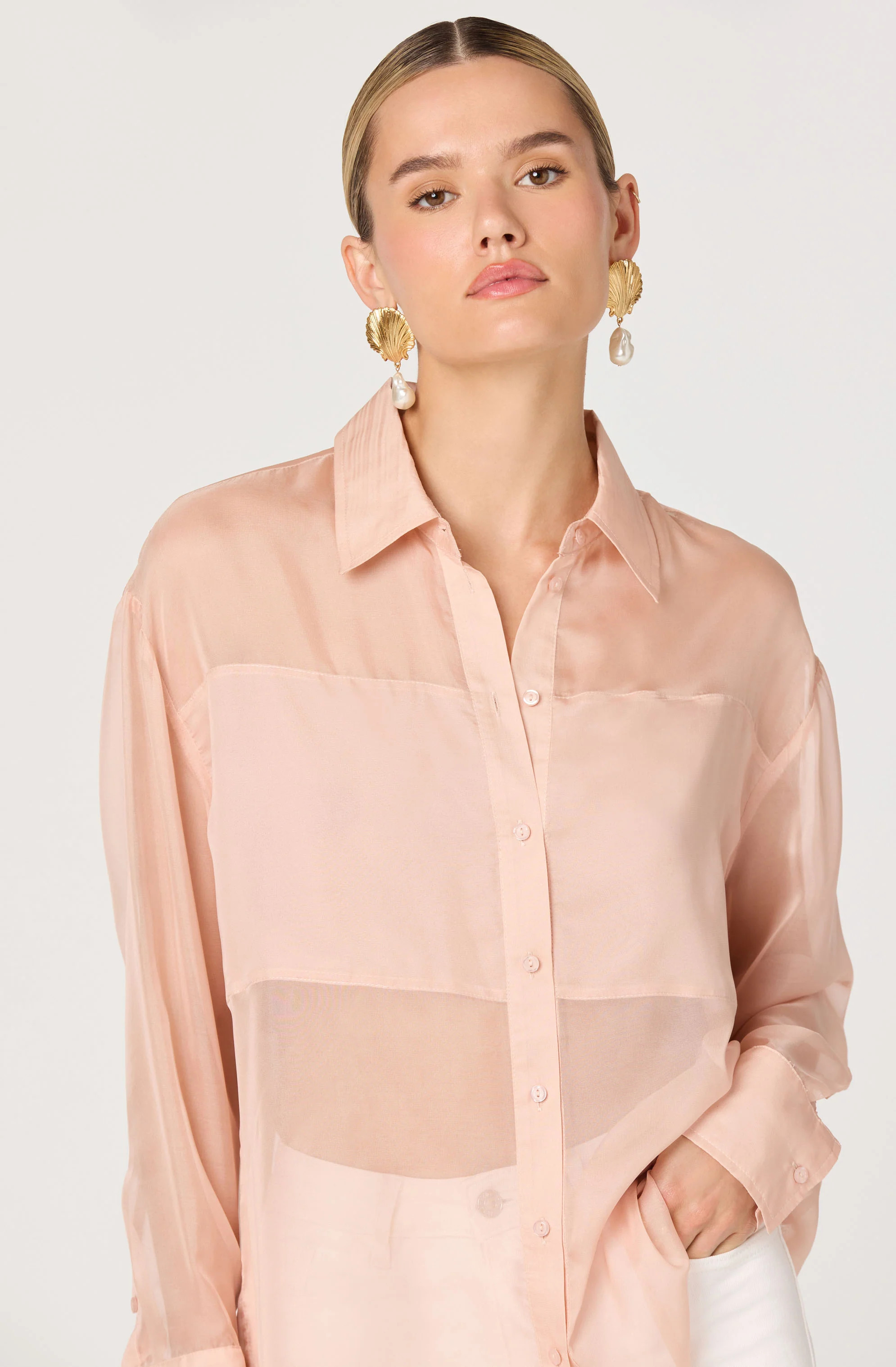 Evie Sheer Collared Button-Front Top - Blush / XS | ASTR The Label (US)