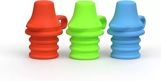 KiddiKap- No Spill Silicone Bottle Top Spout 3 Pack Bundle (Red, Blue,  Green) BPA Free