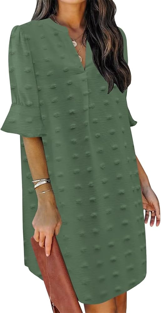 QACOHU Summer Dresses for Women V Neck Ruffle Short Sleeve Casual Shift Dress | Amazon (US)