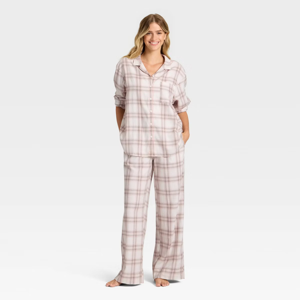 Women's Flannel Long Sleeve Button Down Shirt and Pants Pajama Set - Auden™ | Target
