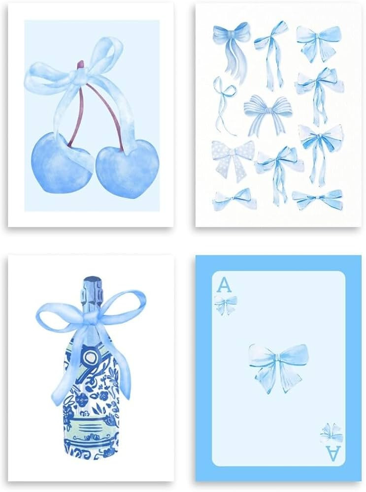 Blue Cherry Bow Wall Art Prints Set of 4 Light Blue Trendy Preppy Coquette Wall Decor champagnefl... | Amazon (US)
